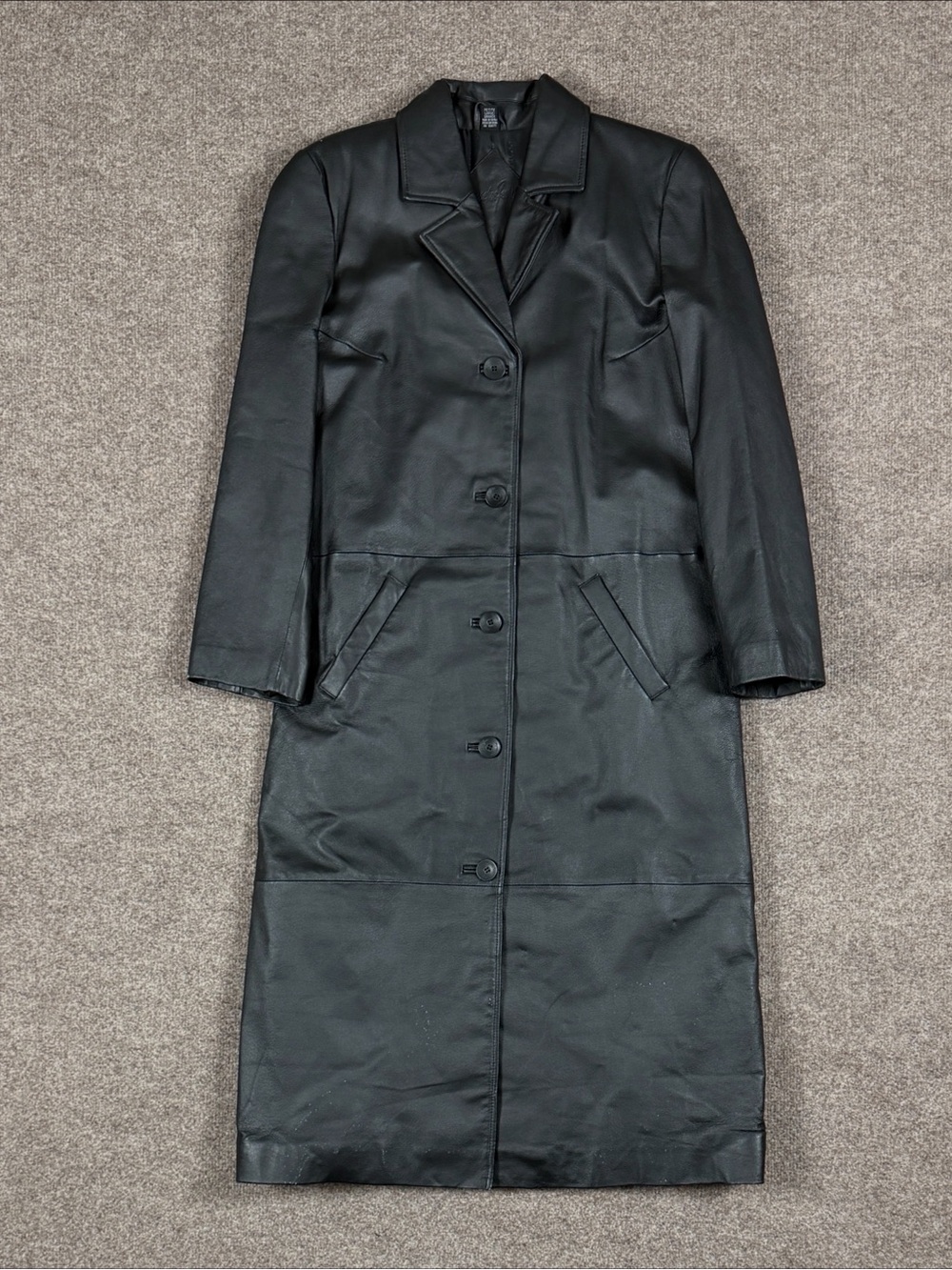 Vintage Black Genuine Leather Single Breasted Long Trench Coat Women’s Large 90s